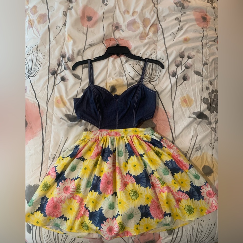 Mustard Seed - Floral Cutout Dress Puffy Tulle Skirt - Pink Blue Yellow - Size M